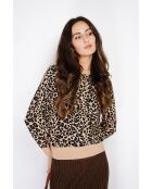 Großer Pullover mit Rundhalsausschnitt aus Kaschmirmischung in Kamel/Braun mit Leopardenmuster