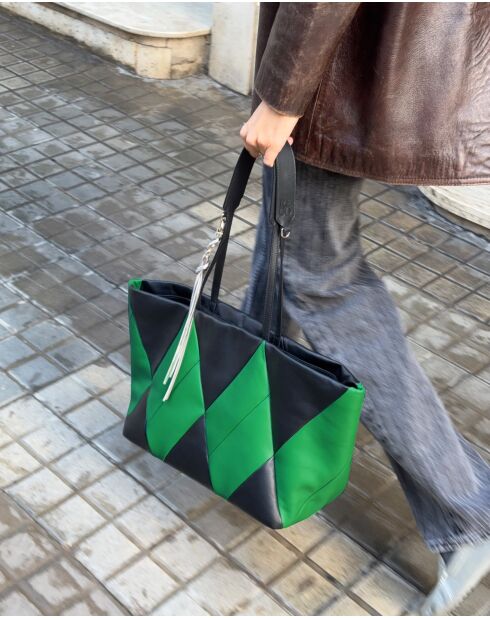 Sac cabas en cuir Trixi noir et vert - 52 x 28 x 17,5 cm