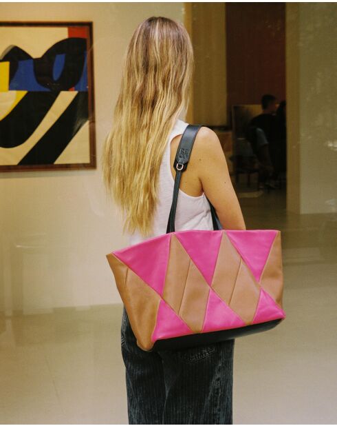 Sac cabas en cuir Trixi fuchsia et marron - 52 x 28 x 17,5 cm