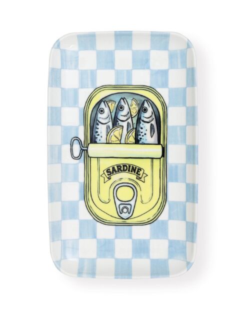 Plato de cerámica con estampado de sardinas a cuadros azules, 31 x 20 x 1 cm