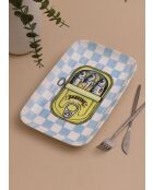 Piatto da portata in ceramica con motivo sarde a quadretti blu - 31 x 20 x 1 cm