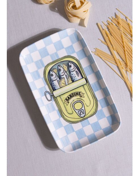 Piatto da portata in ceramica con motivo sarde a quadretti blu - 31 x 20 x 1 cm