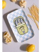 Piatto da portata in ceramica con motivo sarde a quadretti blu - 31 x 20 x 1 cm