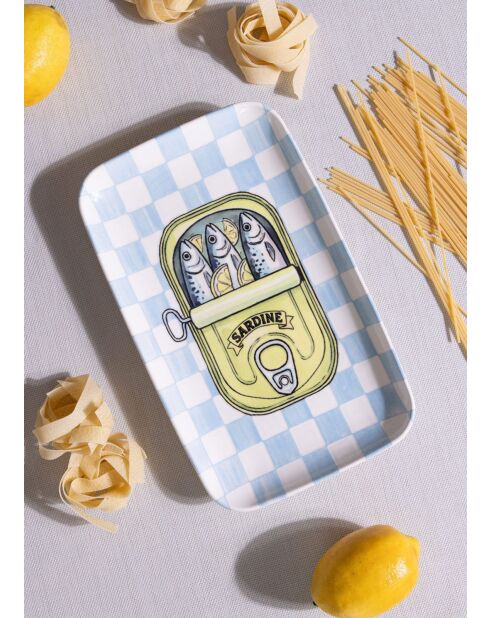 Plato de cerámica con estampado de sardinas a cuadros azules, 31 x 20 x 1 cm