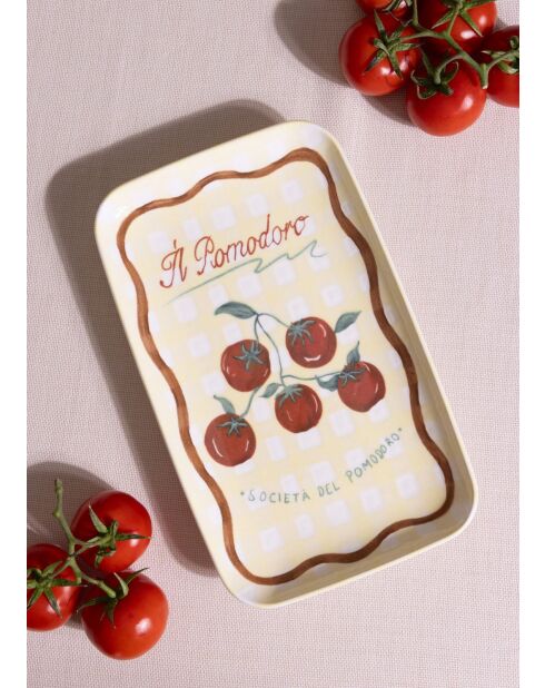 Piatto da portata in ceramica con motivo a pomodori marroni e gialli - 31 x 20 x 1 cm