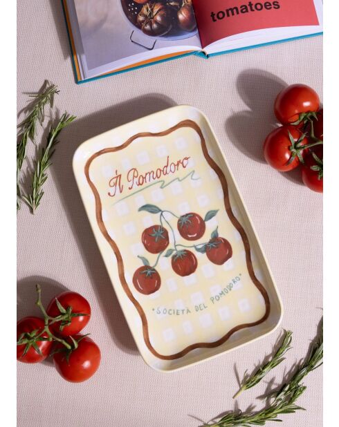 Plato de cerámica con estampado de tomates marrones y amarillos, 31 x 20 x 1 cm