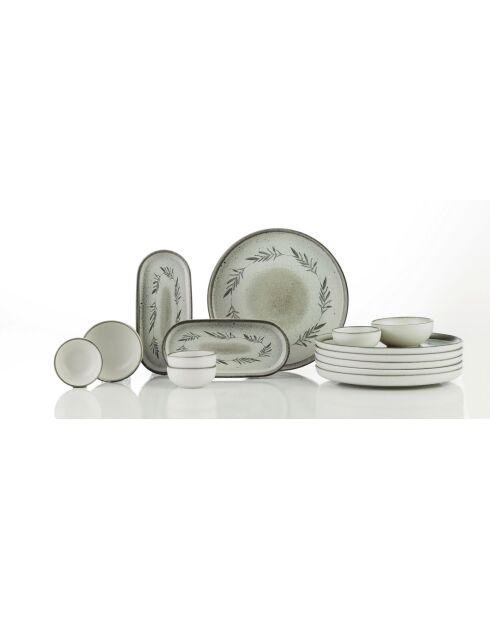 Set da colazione in porcellana con motivo fogliame bianco/verde - 14 pezzi