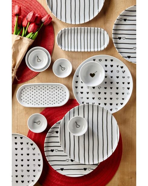 Set da colazione in porcellana con motivo a righe e cuori nero/bianco - 14 pezzi