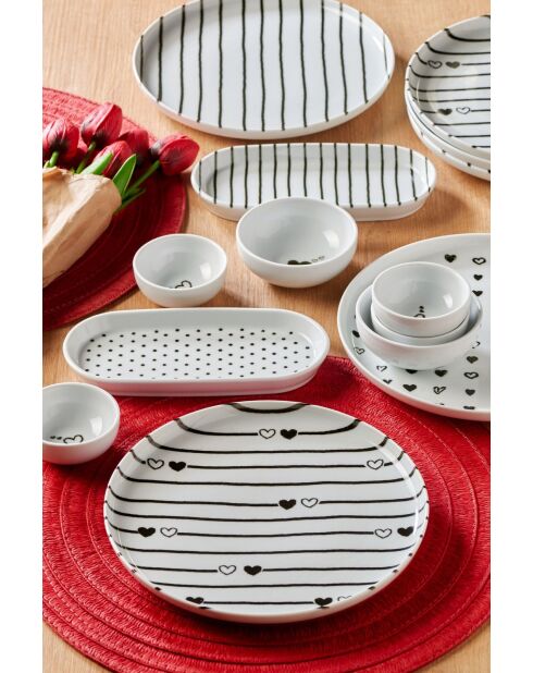 Set da colazione in porcellana con motivo a righe e cuori nero/bianco - 14 pezzi
