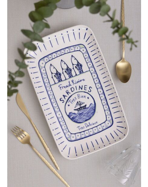Plato de cerámica con estampado de sardinas azules, 31 x 20 x 1 cm