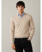 Maglione Étienne beige con scollo a V in cotone cachemire