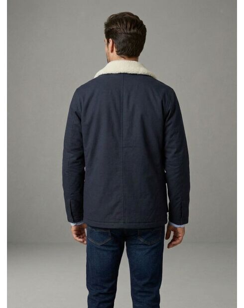 Marineblaue Gabardine-Jacke aus Baumwolle mit Sherpa-Kragen von Pierre