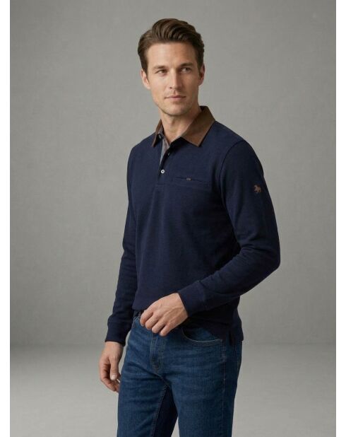 François marineblaues warmes Langarm-Poloshirt aus Baumwolle