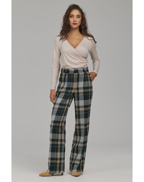 Pantalon à carreaux droit à plis marqués