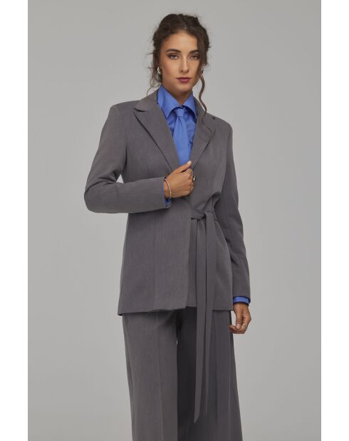Blazer gris long à nouer sur le côté