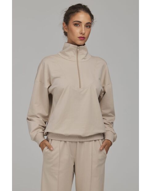 Sweat-shirt beige à col montant
