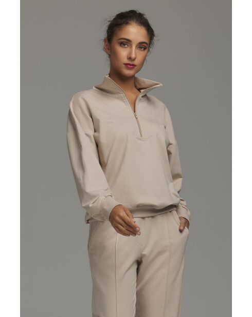 Sweat-shirt beige à col montant