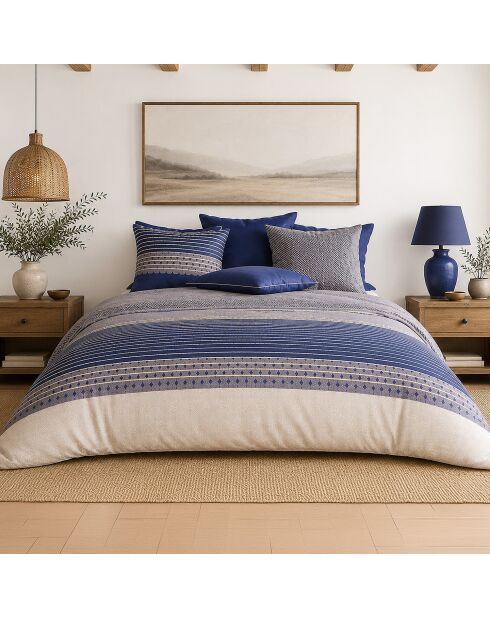 Parure housse de couette avec 2 taies d'orreiler en percale de coton blevaris bleu/gris