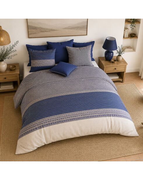 Parure housse de couette avec 2 taies d'orreiler en percale de coton blevaris bleu/gris