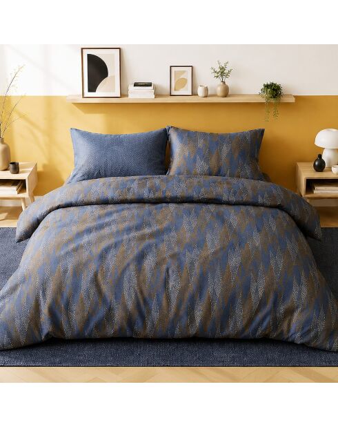 Parure housse de couette avec 2 taies d'oreiller percale de coton blusky bleu marine/marron