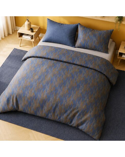 Parure housse de couette avec 2 taies d'oreiller percale de coton blusky bleu marine/marron