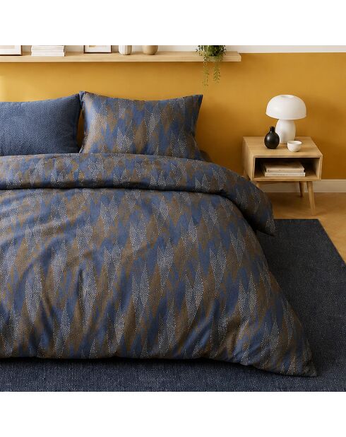 Parure housse de couette avec 2 taies d'oreiller percale de coton blusky bleu marine/marron
