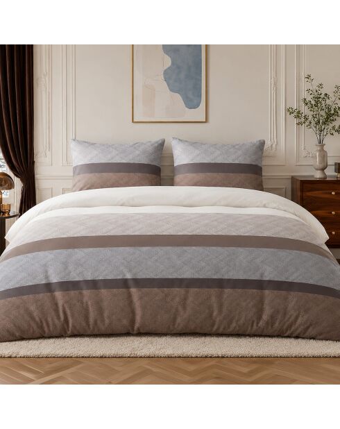 Parure housse de couette avec 2 taies d'oreiller en percale de coton terix marron/beige
