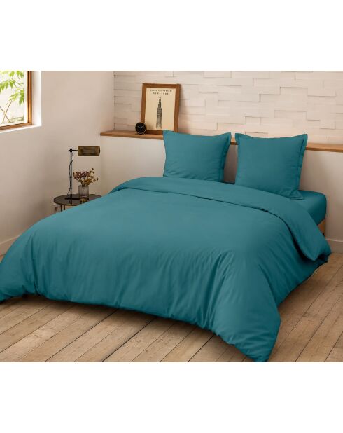 Parure housse de couette en percale de coton + 2 taies d'oreiller Unie bleu adriatique