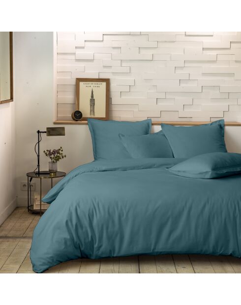 Parure housse de couette en percale de coton + 2 taies d'oreiller Unie bleu adriatique