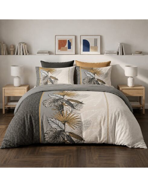 Parure housse de couette en coton + 2 taies d’oreiller caraïe gris/ocre