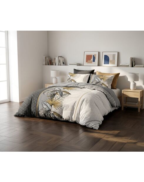 Parure housse de couette en coton + 2 taies d’oreiller caraïe gris/ocre