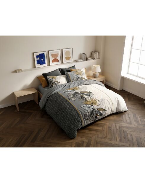 Parure housse de couette en coton + 2 taies d’oreiller caraïe gris/ocre