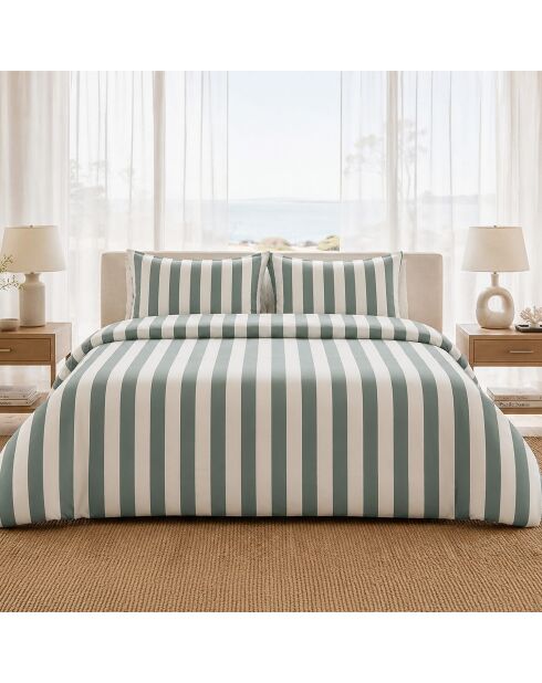 Parure housse de couette avec 2 taies d'oreiller en percale de coton talam blanc/vert