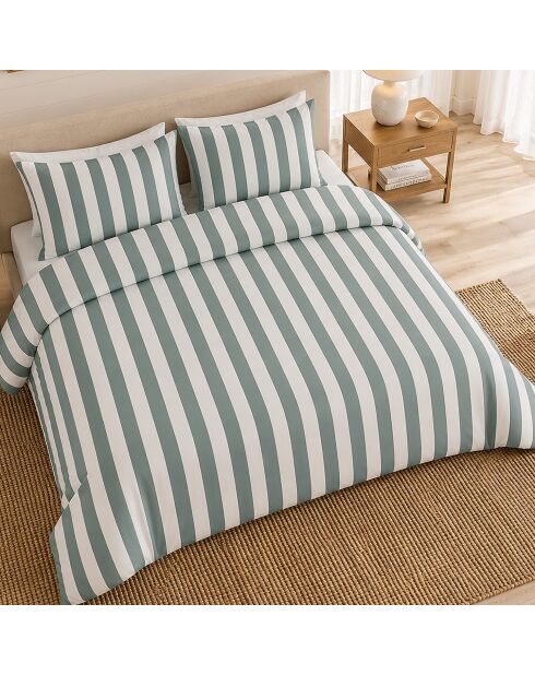 Parure housse de couette avec 2 taies d'oreiller en percale de coton talam blanc/vert