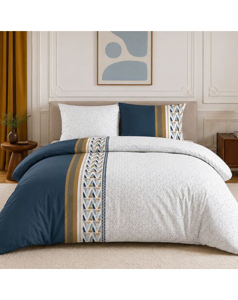Parure housse de couette avec 2 taies d'oreiller en percale de coton trigliany bleu marine/marron