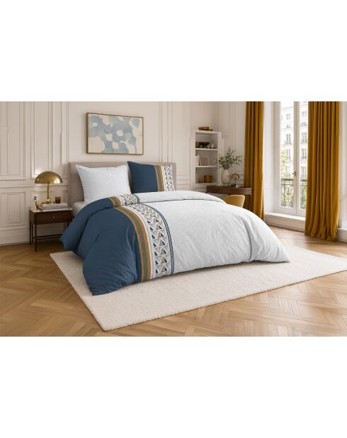 Parure housse de couette avec 2 taies d'oreiller en percale de coton trigliany bleu marine/marron
