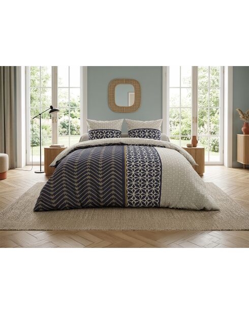 Parure housse de couette en coton + 2 taies d’oreiller melvin bleu/beige