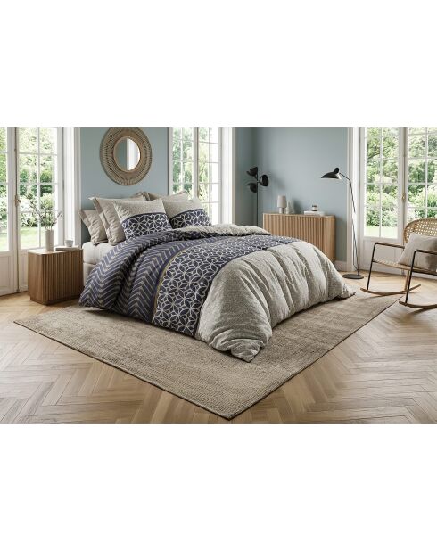 Parure housse de couette en coton + 2 taies d’oreiller melvin bleu/beige