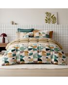 Parure housse de couette en coton + 2 taies d’oreiller helya vert sauge/camel