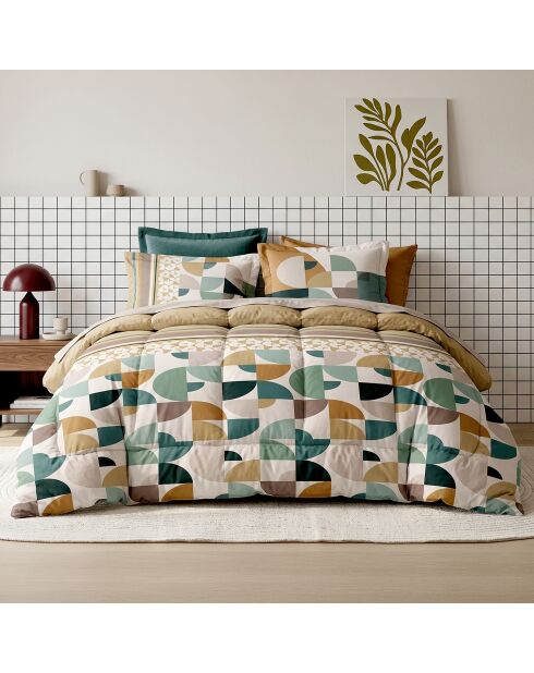 Parure housse de couette en coton + 2 taies d’oreiller helya vert sauge/camel