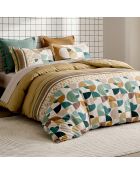 Parure housse de couette en coton + 2 taies d’oreiller helya vert sauge/camel