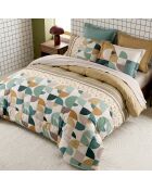 Parure housse de couette en coton + 2 taies d’oreiller helya vert sauge/camel