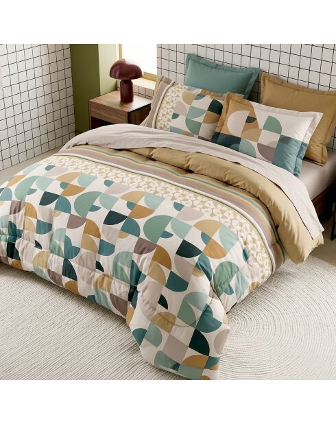 Parure housse de couette en coton + 2 taies d’oreiller helya vert sauge/camel