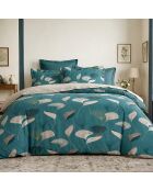 Parure housse de couette en coton + 2 taies d’oreiller apoline vert canard/camel