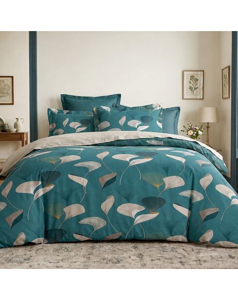 Parure housse de couette en coton + 2 taies d’oreiller apoline vert canard/camel