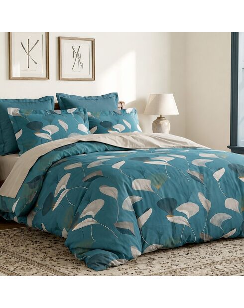 Parure housse de couette en coton + 2 taies d’oreiller apoline vert canard/camel