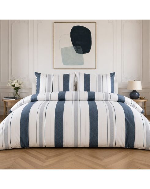 Parure housse de couette avec 2 taies d'oreiller en percale de coton siround blanc/bleu
