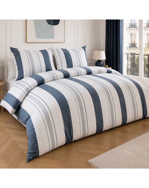 Parure housse de couette avec 2 taies d'oreiller en percale de coton siround blanc/bleu