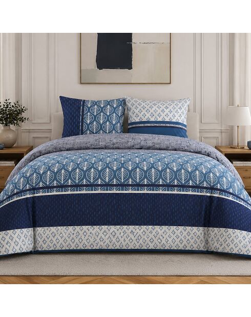 Parure housse de couette avec 2 taies d'oreiller en percale de coton Tomy bleue