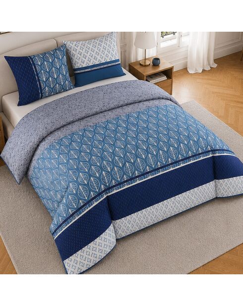 Parure housse de couette avec 2 taies d'oreiller en percale de coton Tomy bleue